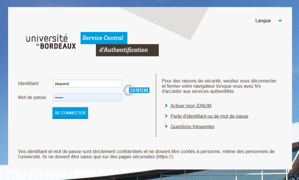 Central Authentification Service (panneau de saisie du compte Campus Pass)
